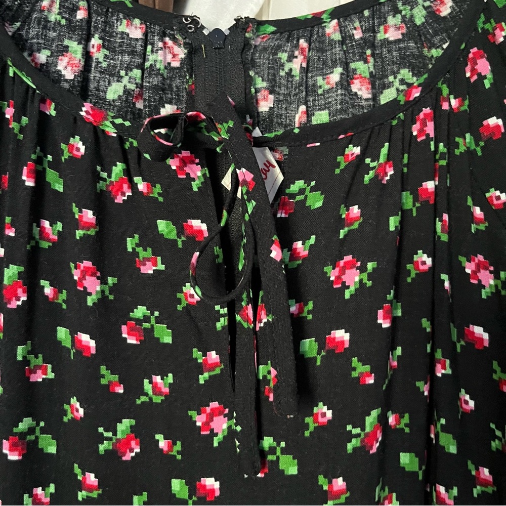 BETTY BARCLAY vintage black digital floral print puff long sleeve midi dress - Picture 6 of 9